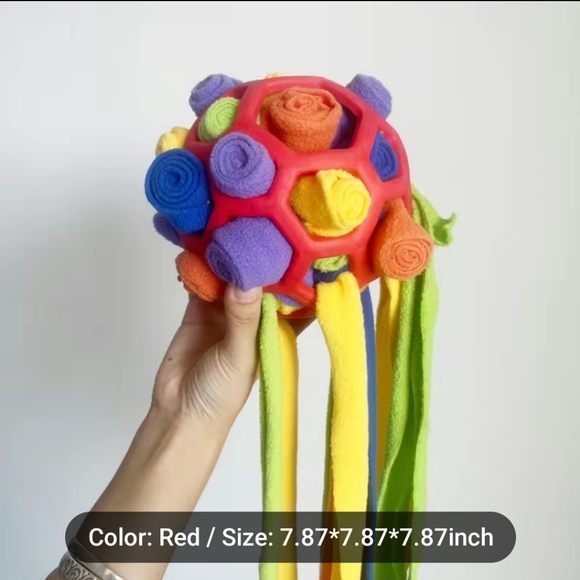 UNIQUE Dogs toy. Hide treats. RUBBER BALL W/ TUCK AWAY SOFT RIBBON - Picture 3 of 4